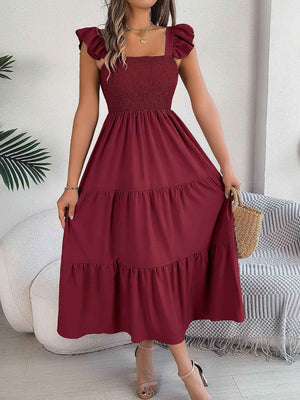 Smocked Square Neck Cap Sleeve Midi Dress - StyleLure