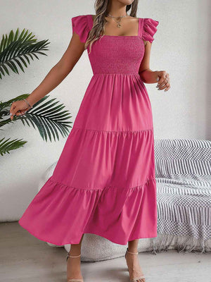 Smocked Square Neck Cap Sleeve Midi Dress - StyleLure