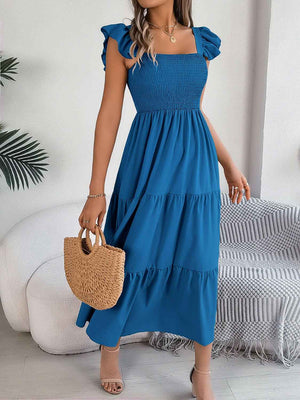 Smocked Square Neck Cap Sleeve Midi Dress - StyleLure