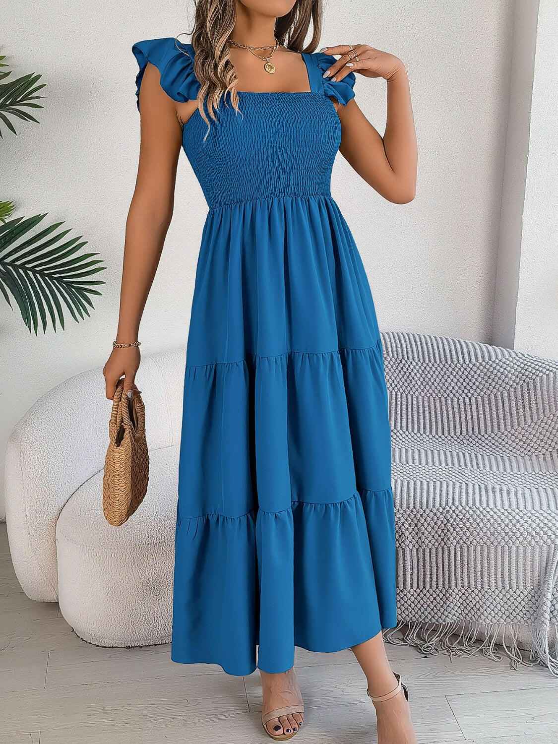 Smocked Square Neck Cap Sleeve Midi Dress - StyleLure