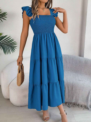 Smocked Square Neck Cap Sleeve Midi Dress - StyleLure