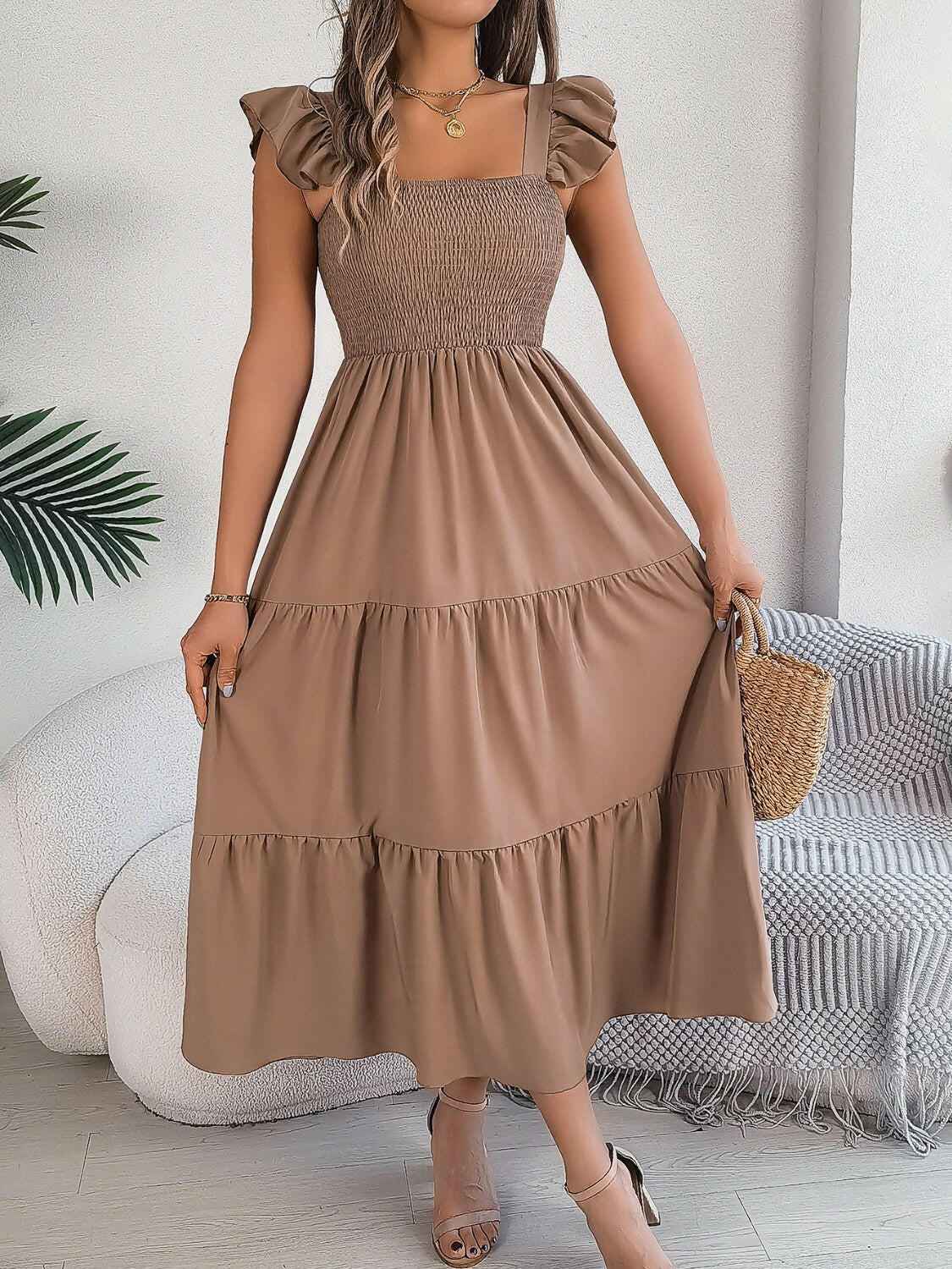 Smocked Square Neck Cap Sleeve Midi Dress - StyleLure