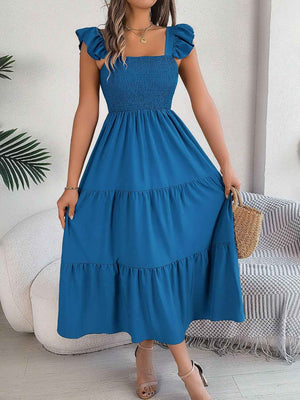 Smocked Square Neck Cap Sleeve Midi Dress - StyleLure