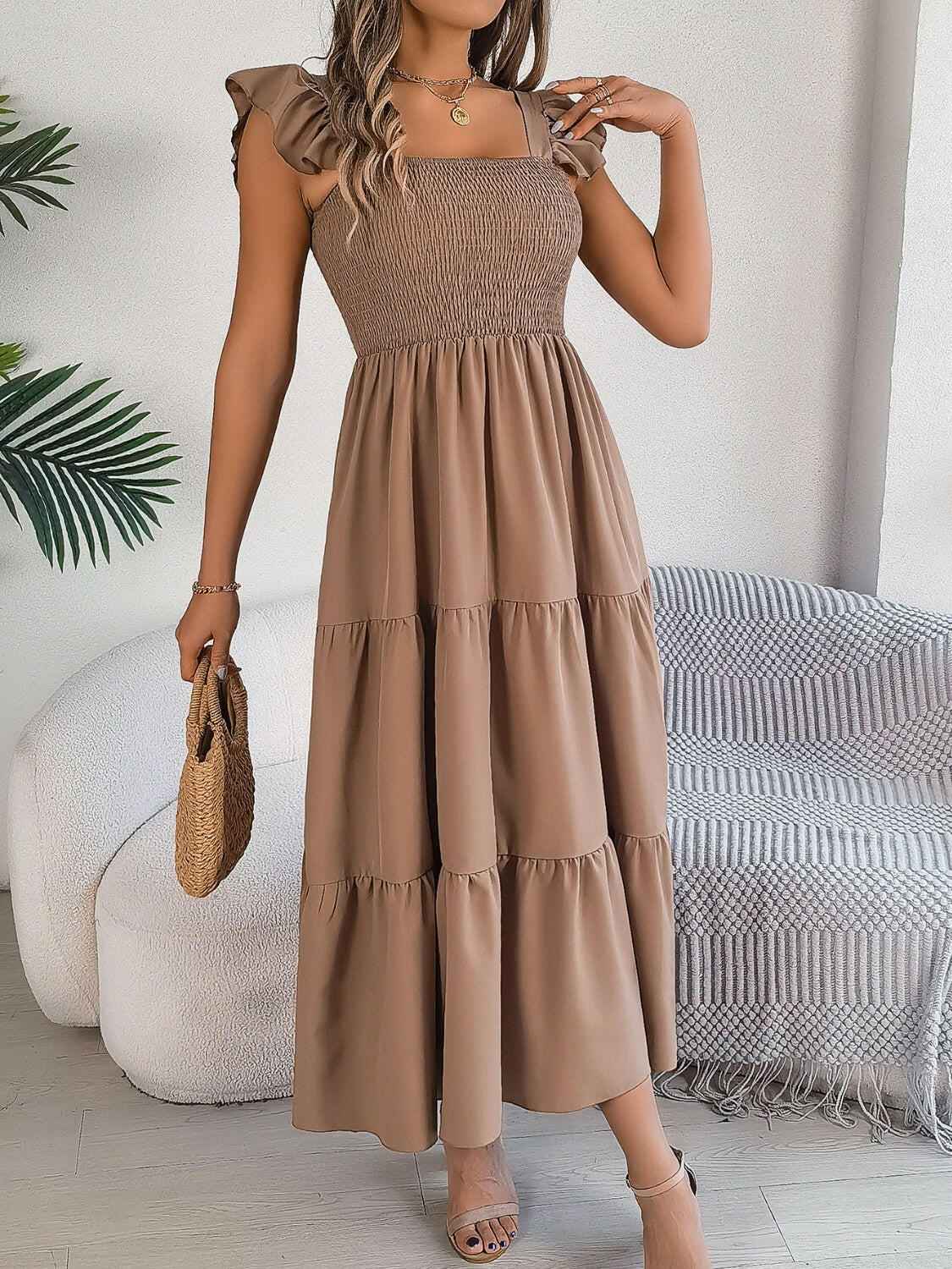 Smocked Square Neck Cap Sleeve Midi Dress - StyleLure