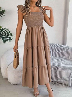 Smocked Square Neck Cap Sleeve Midi Dress - StyleLure
