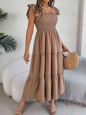 Smocked Square Neck Cap Sleeve Midi Dress - StyleLure