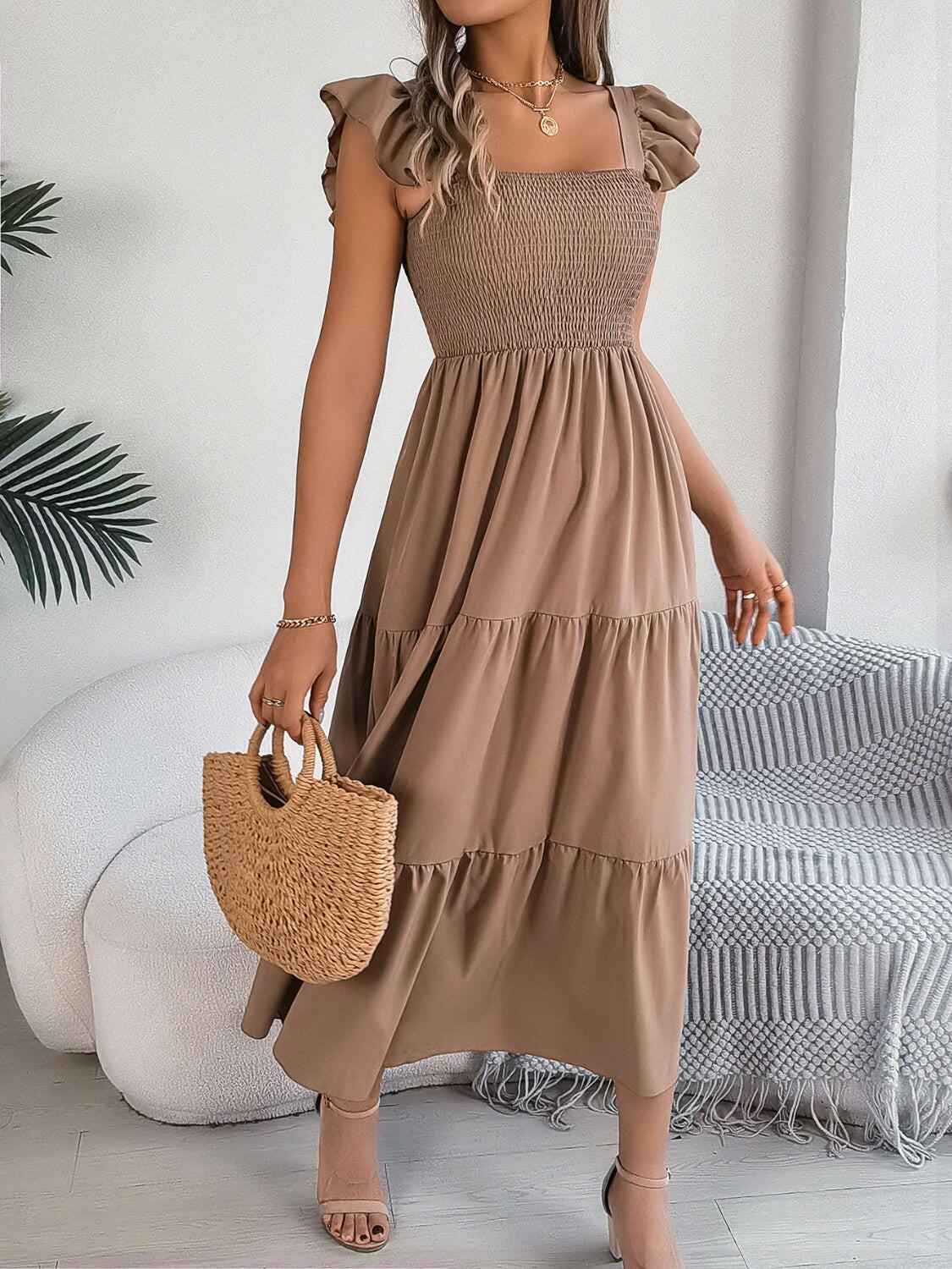 Smocked Square Neck Cap Sleeve Midi Dress - StyleLure