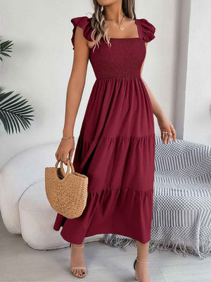 Smocked Square Neck Cap Sleeve Midi Dress - StyleLure