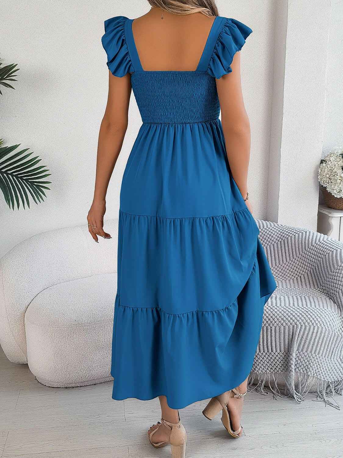 Smocked Square Neck Cap Sleeve Midi Dress - StyleLure
