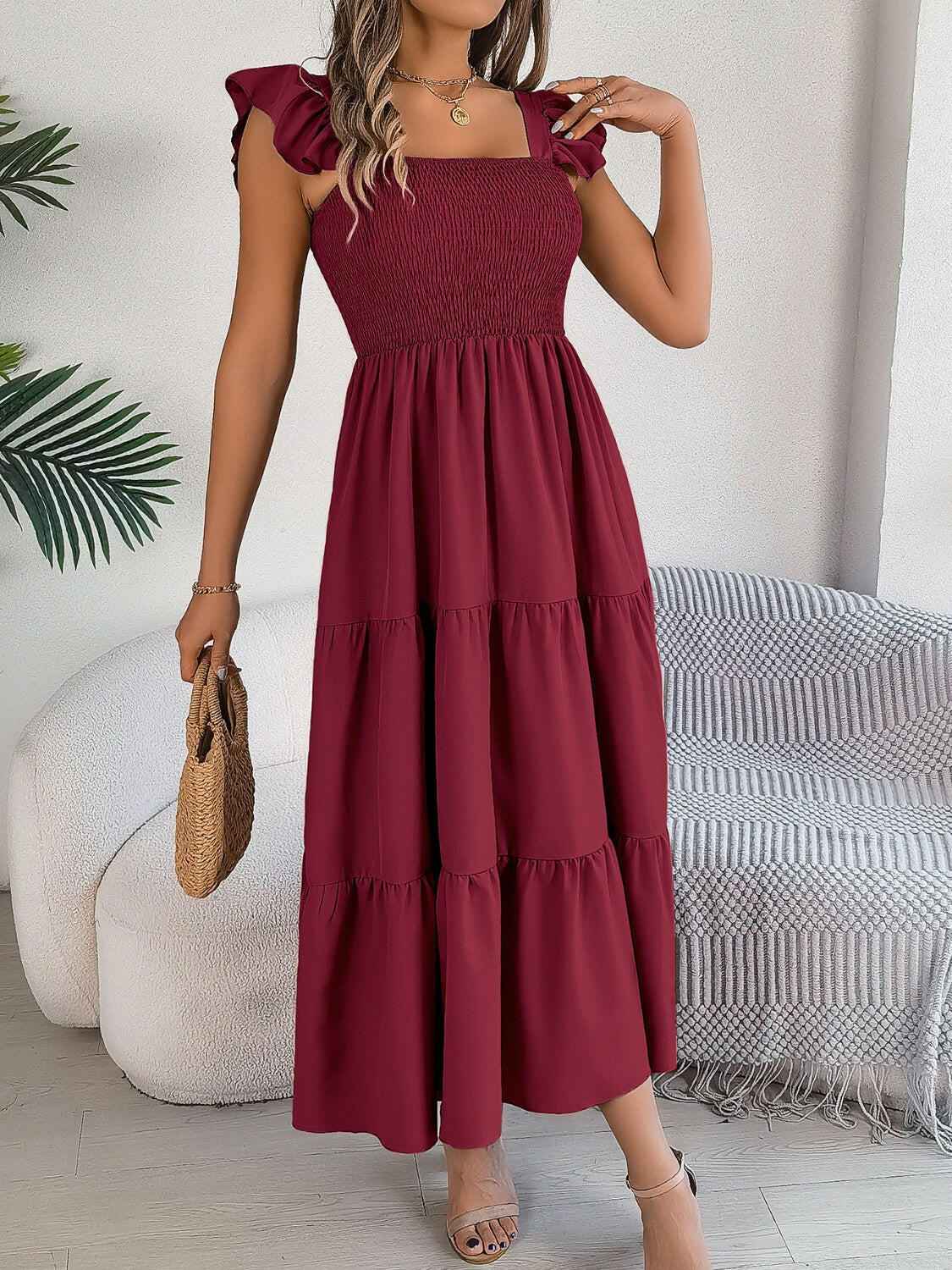 Smocked Square Neck Cap Sleeve Midi Dress - StyleLure