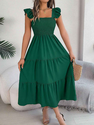 Smocked Square Neck Cap Sleeve Midi Dress - StyleLure