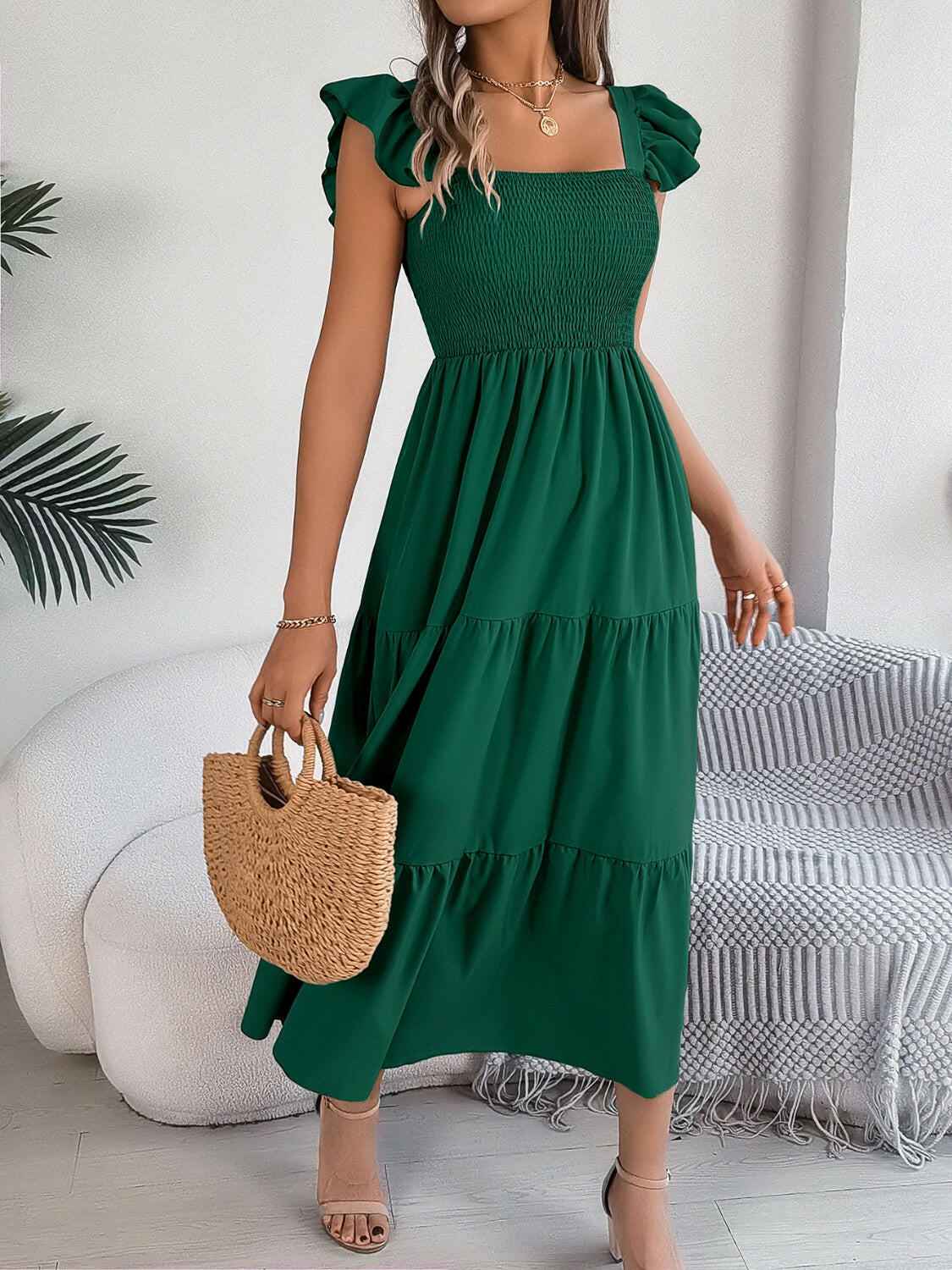 Smocked Square Neck Cap Sleeve Midi Dress - StyleLure