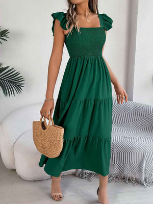 Smocked Square Neck Cap Sleeve Midi Dress - StyleLure