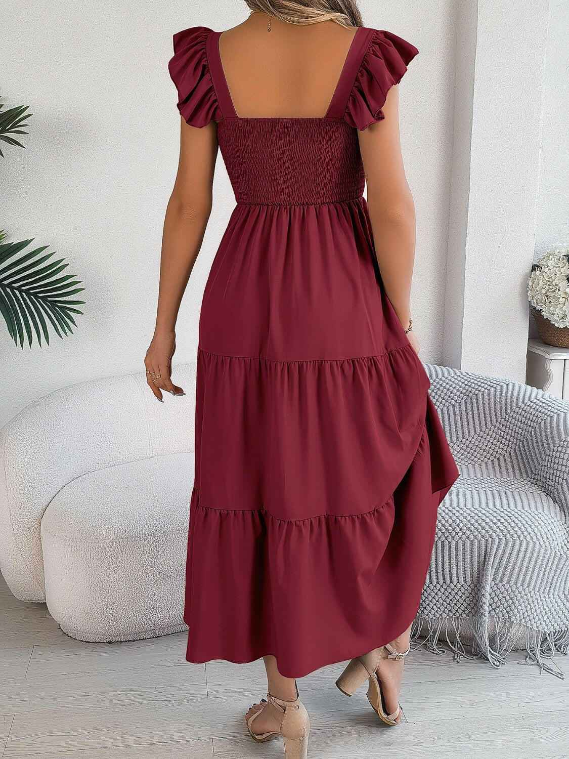 Smocked Square Neck Cap Sleeve Midi Dress - StyleLure