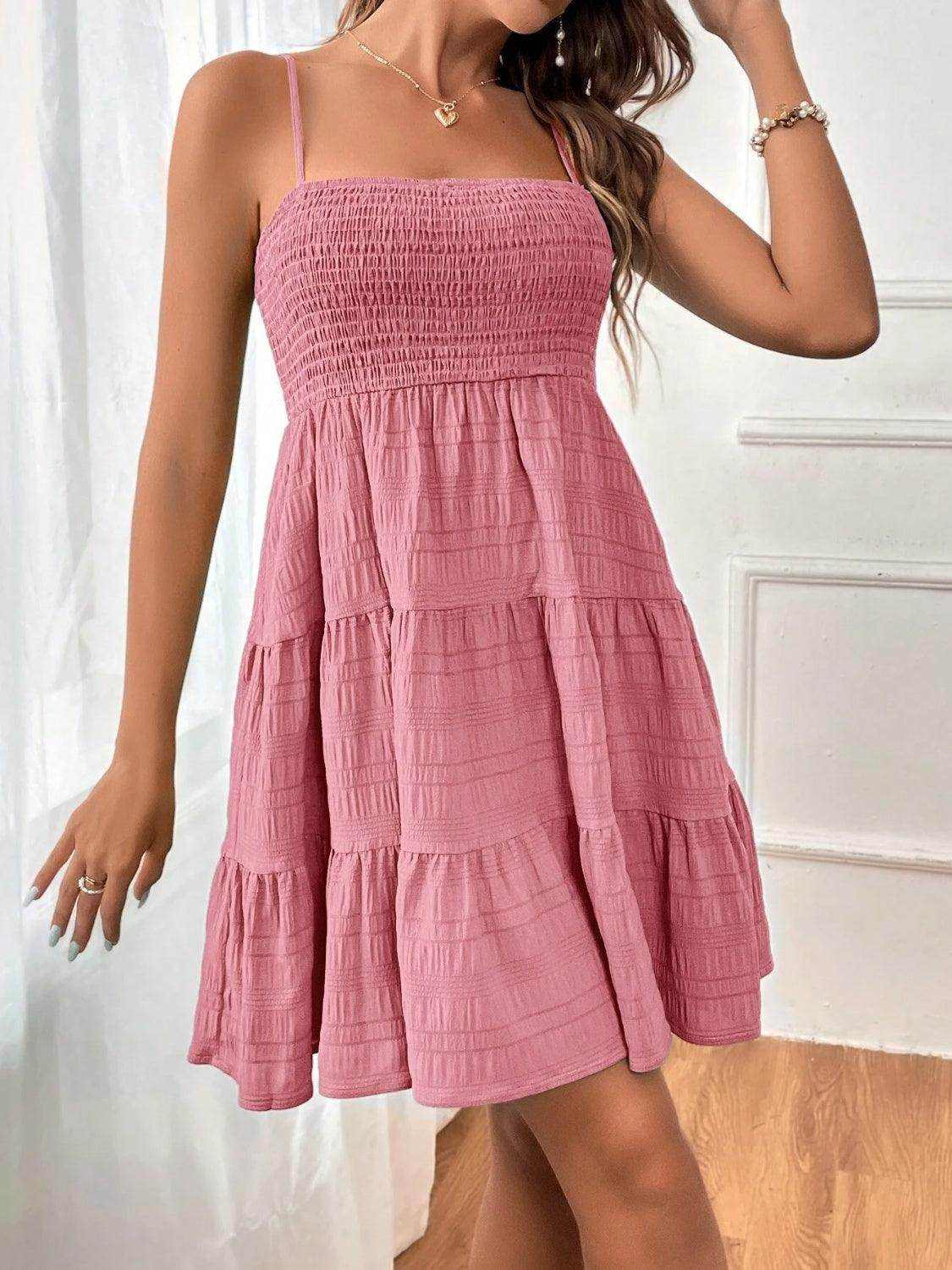 Smocked Tiered Sleeveless Mini Dress - StyleLure