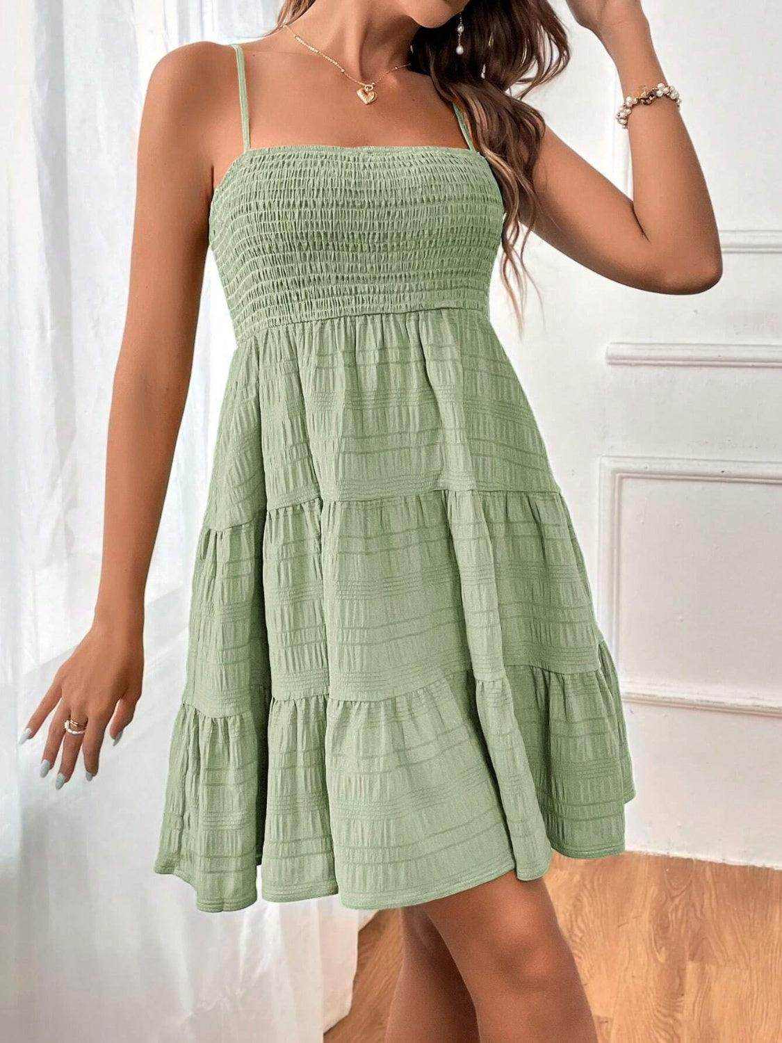 Smocked Tiered Sleeveless Mini Dress - StyleLure