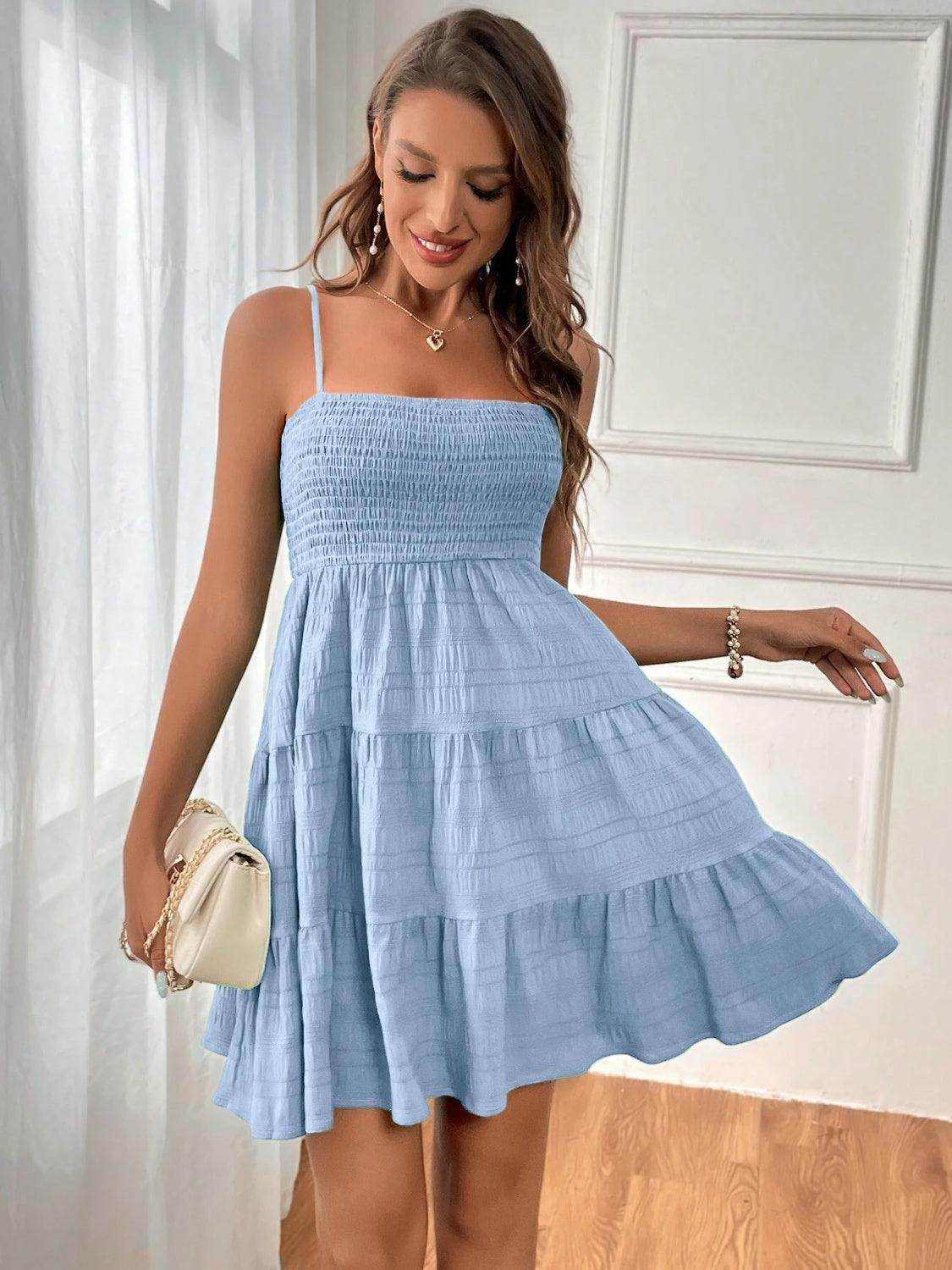 Smocked Tiered Sleeveless Mini Dress - StyleLure