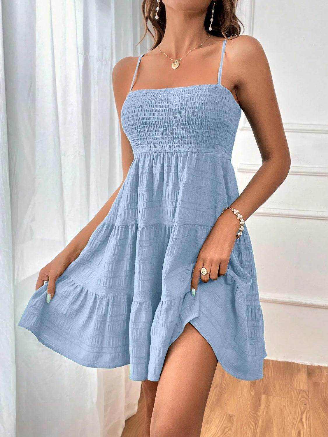 Smocked Tiered Sleeveless Mini Dress - StyleLure
