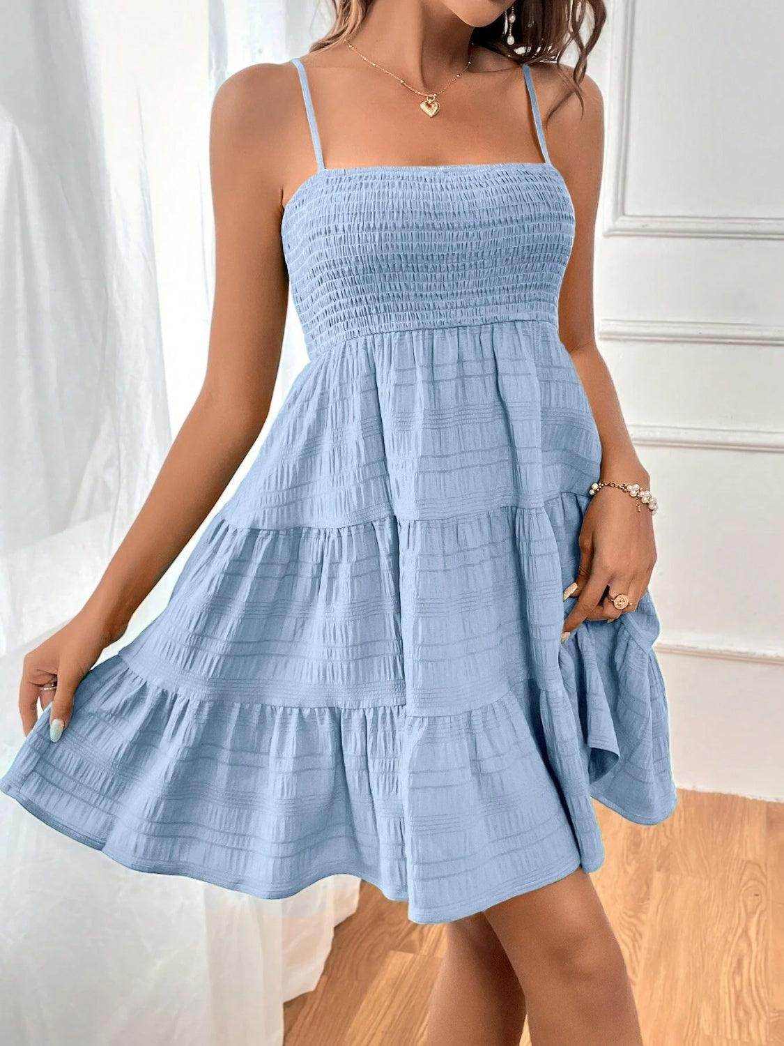 Smocked Tiered Sleeveless Mini Dress - StyleLure