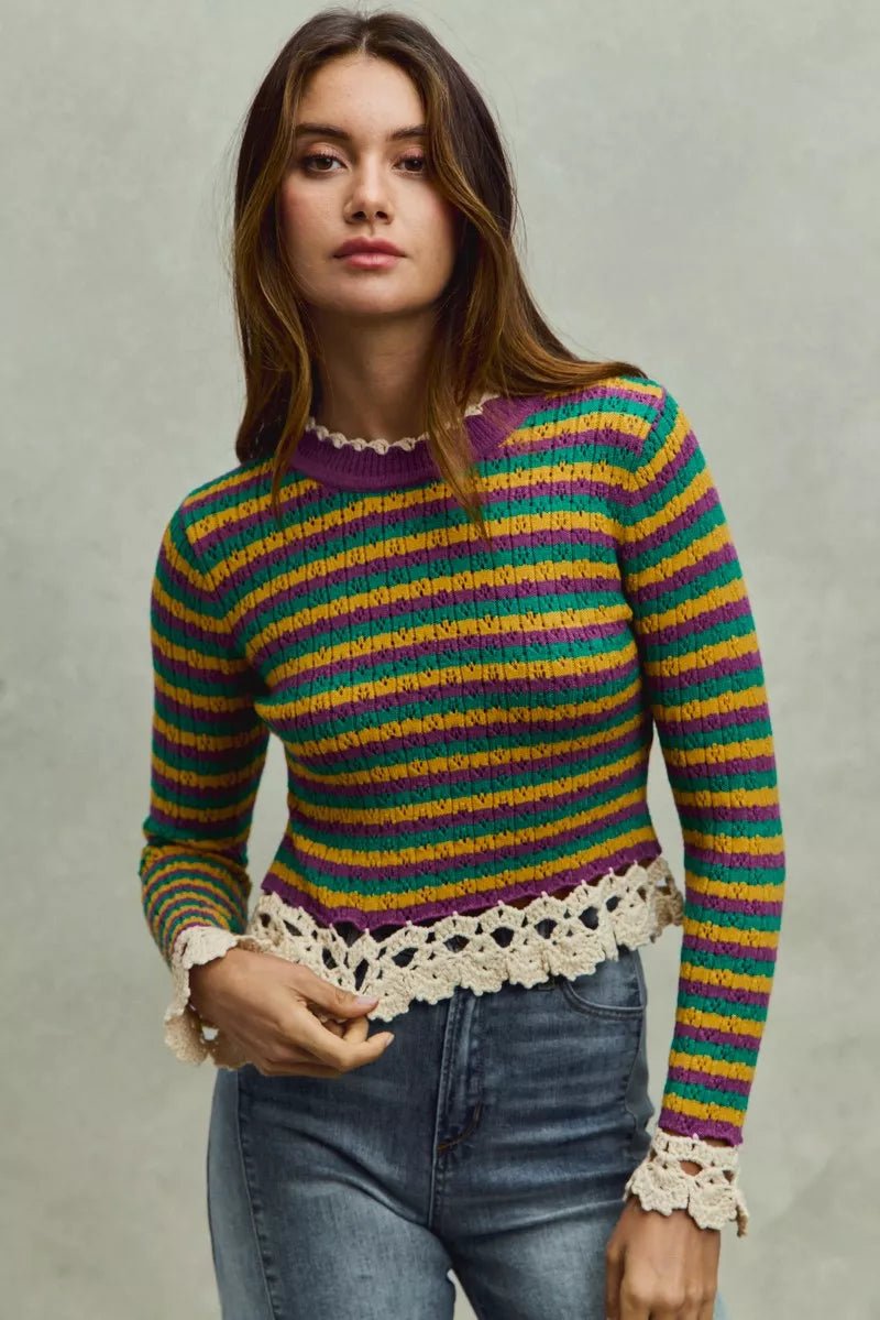 SO ME Mardi Gras Striped Cropped Knit Top with Crochet Edge - StyleLure