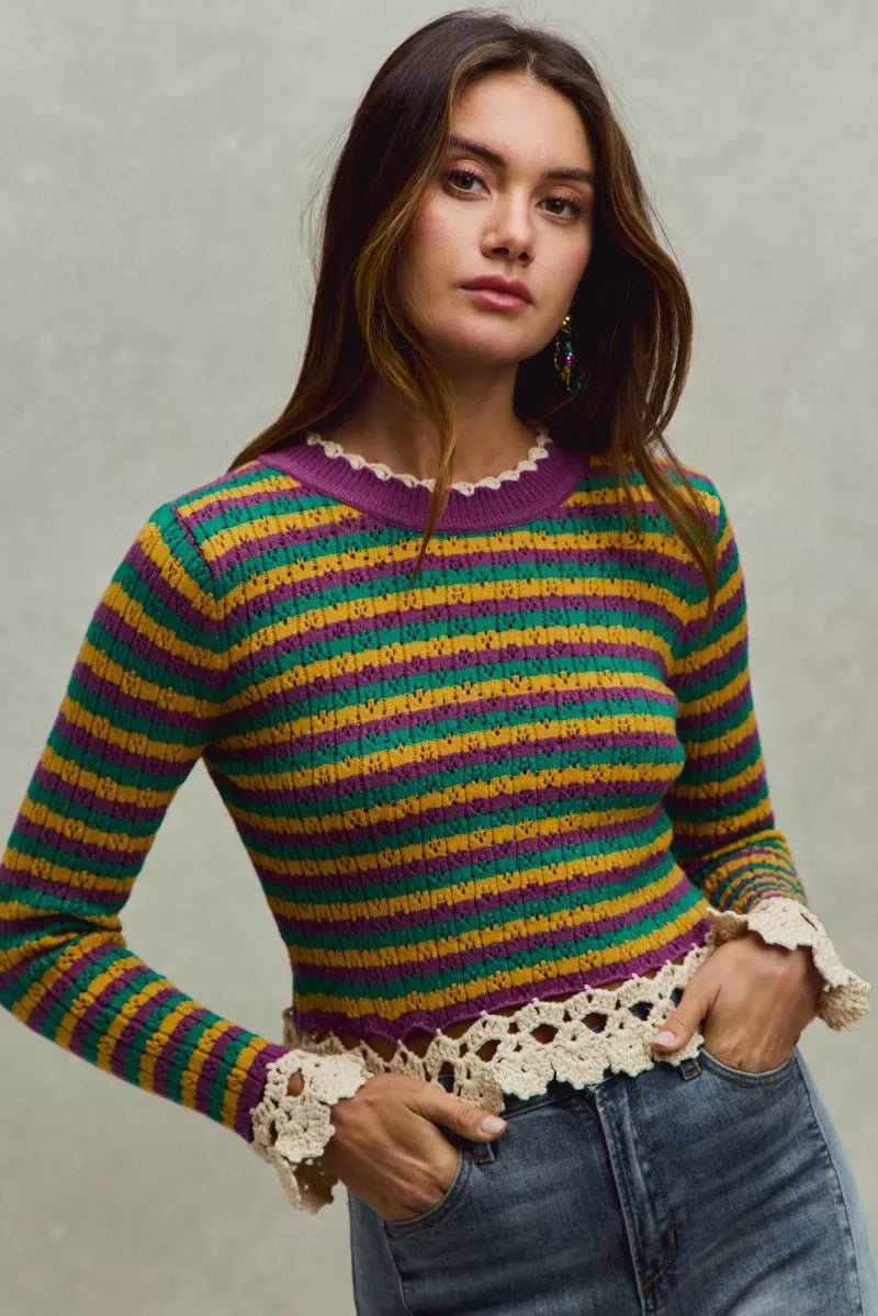 SO ME Mardi Gras Striped Cropped Knit Top with Crochet Edge - StyleLure