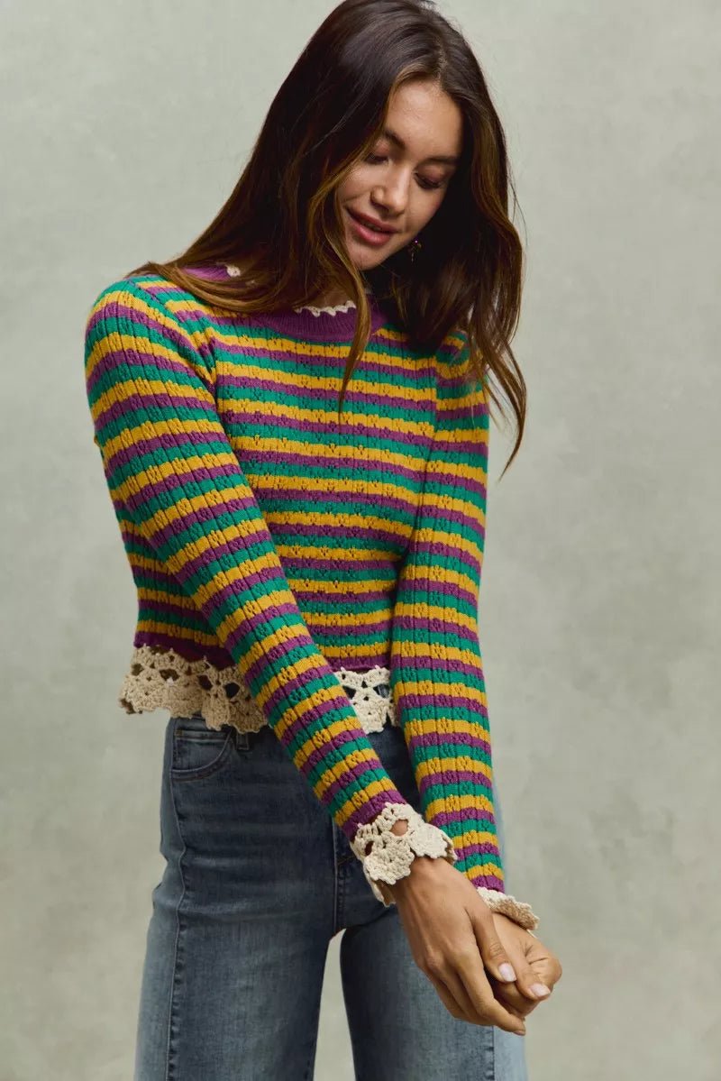 SO ME Mardi Gras Striped Cropped Knit Top with Crochet Edge - StyleLure