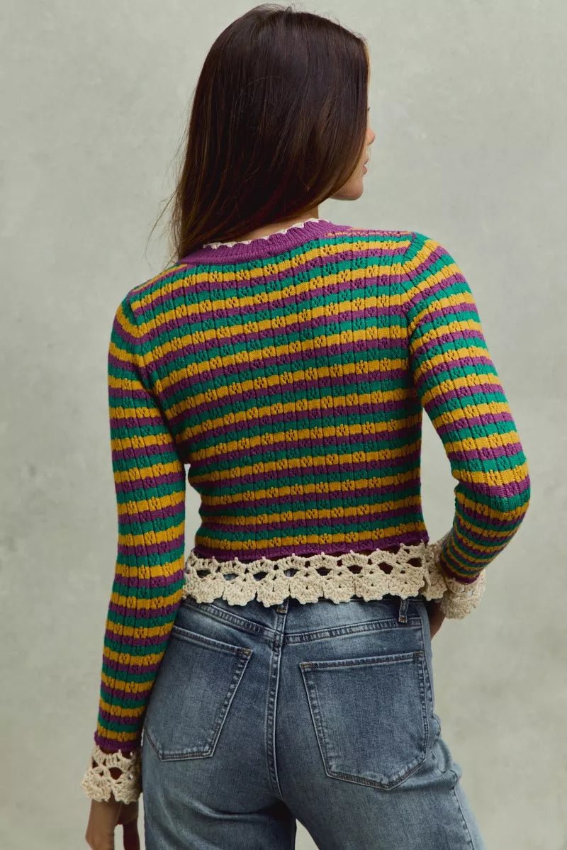SO ME Mardi Gras Striped Cropped Knit Top with Crochet Edge - StyleLure
