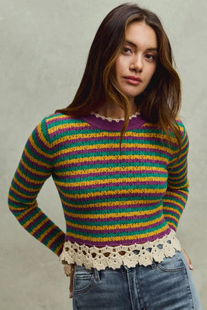 SO ME Mardi Gras Striped Cropped Knit Top with Crochet Edge - StyleLure