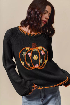 SO ME Pumpkin Floral Embroidered Thanksgiving Sweater - StyleLure
