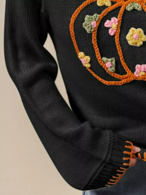 SO ME Pumpkin Floral Embroidered Thanksgiving Sweater - StyleLure