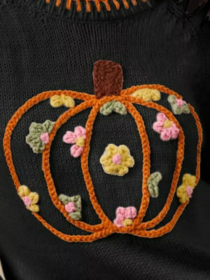 SO ME Pumpkin Floral Embroidered Thanksgiving Sweater - StyleLure