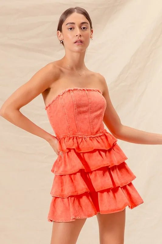 SO ME Strapless Ruffle Layered Game Day Cheer Up Dress - StyleLure