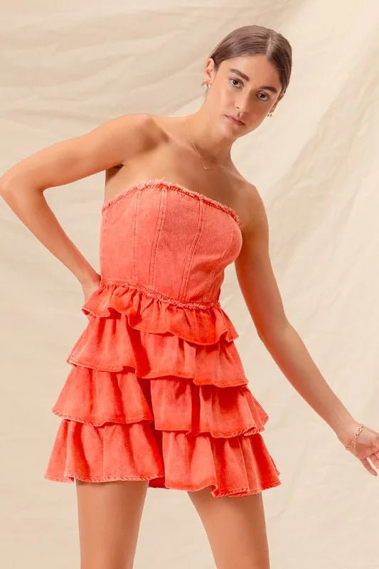 SO ME Strapless Ruffle Layered Game Day Cheer Up Dress - StyleLure
