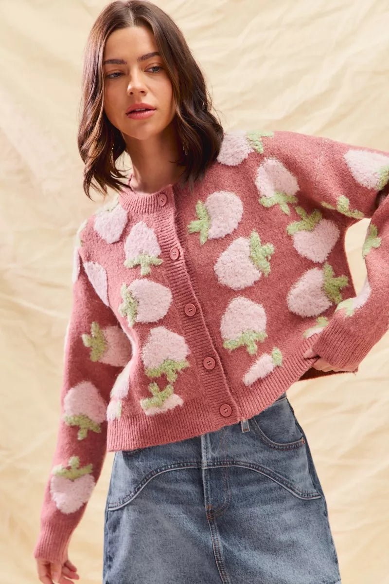 SO ME Strawberry Fruit All Over Button Sweater Cardigan - StyleLure