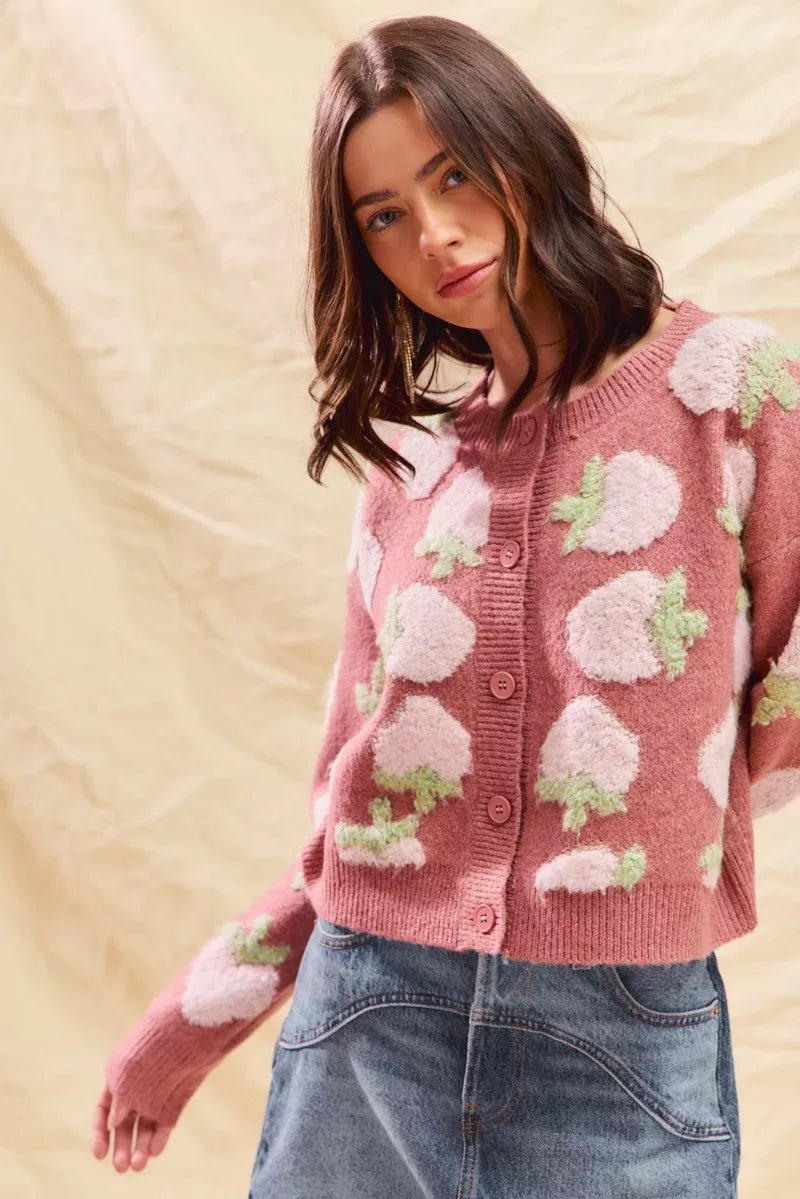 SO ME Strawberry Fruit All Over Button Sweater Cardigan - StyleLure