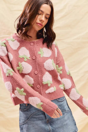 SO ME Strawberry Fruit All Over Button Sweater Cardigan - StyleLure