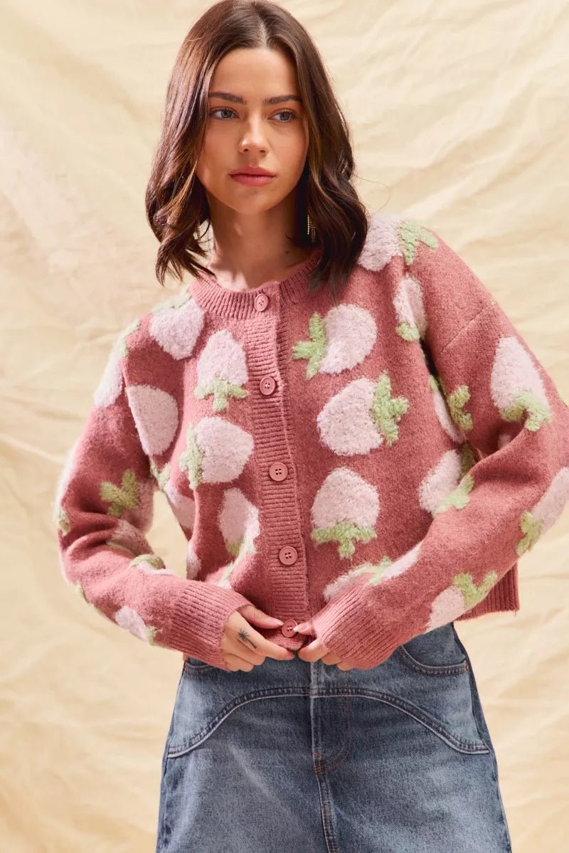 SO ME Strawberry Fruit All Over Button Sweater Cardigan - StyleLure