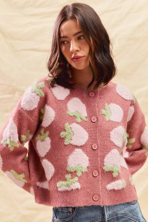 SO ME Strawberry Fruit All Over Button Sweater Cardigan - StyleLure