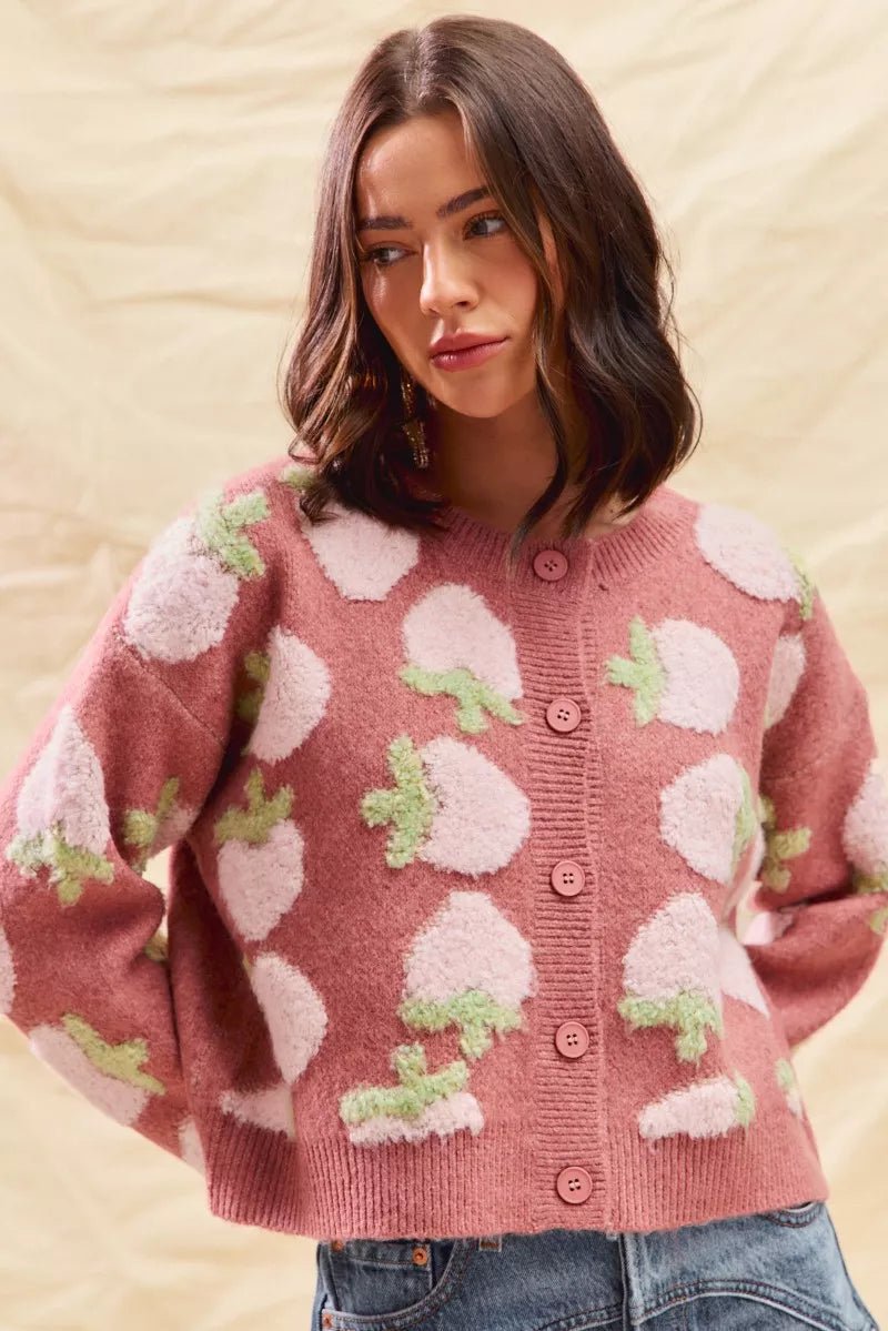 SO ME Strawberry Fruit All Over Button Sweater Cardigan - StyleLure