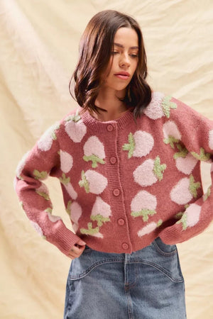 SO ME Strawberry Fruit All Over Button Sweater Cardigan - StyleLure