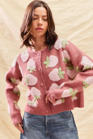 SO ME Strawberry Fruit All Over Button Sweater Cardigan - StyleLure