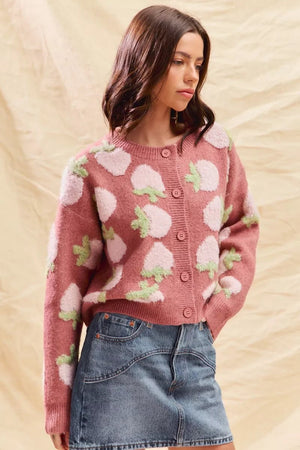SO ME Strawberry Fruit All Over Button Sweater Cardigan - StyleLure