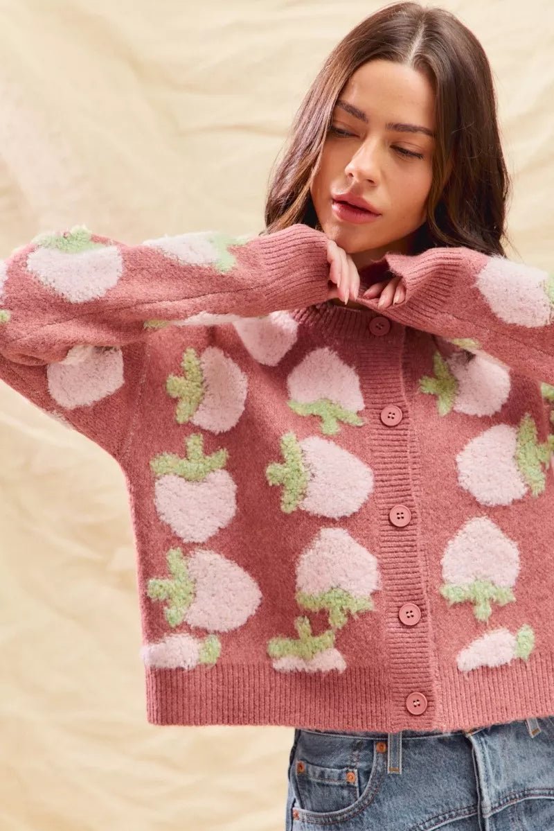 SO ME Strawberry Fruit All Over Button Sweater Cardigan - StyleLure