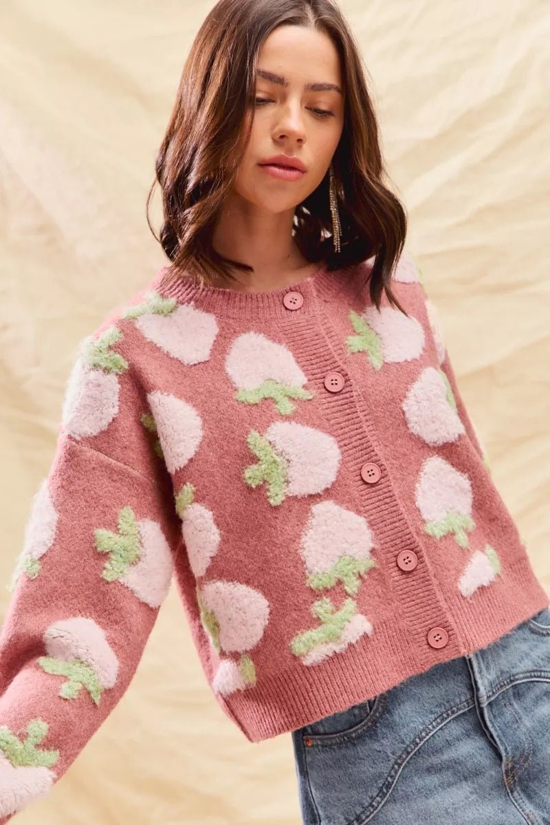 SO ME Strawberry Fruit All Over Button Sweater Cardigan - StyleLure