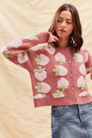 SO ME Strawberry Fruit All Over Button Sweater Cardigan - StyleLure