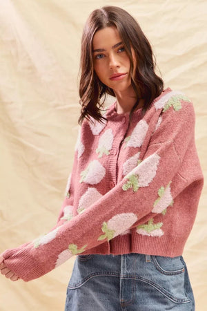 SO ME Strawberry Fruit All Over Button Sweater Cardigan - StyleLure