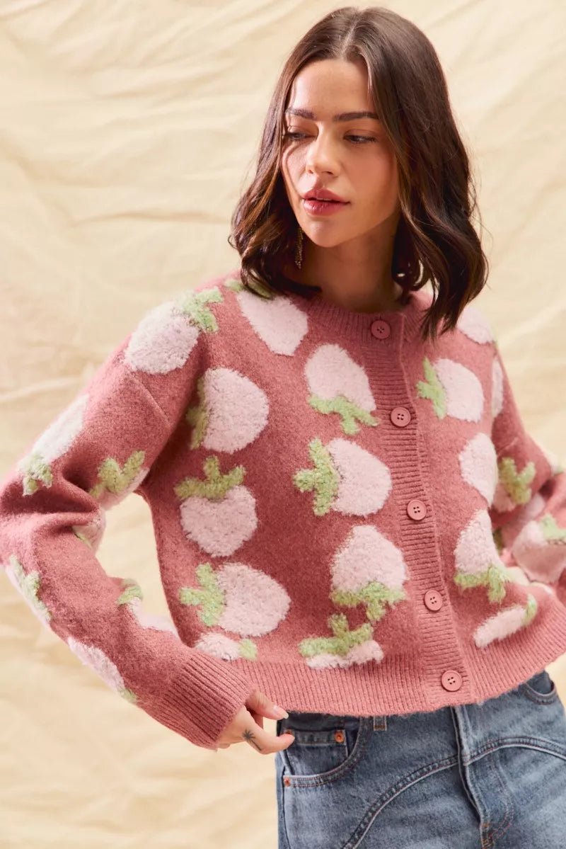 SO ME Strawberry Fruit All Over Button Sweater Cardigan - StyleLure