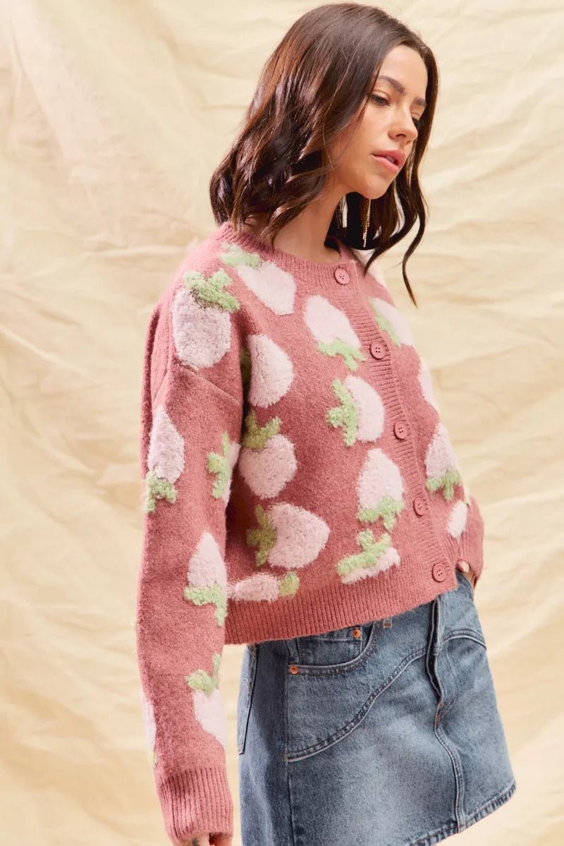 SO ME Strawberry Fruit All Over Button Sweater Cardigan - StyleLure