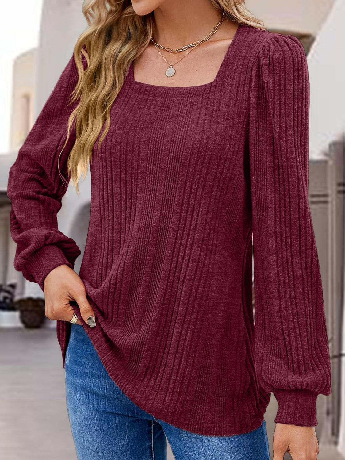 Square Neck Long Sleeve Top - StyleLure