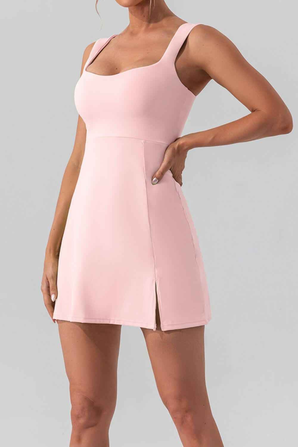 Square Neck Sleeveless Slit Mini Active Dress - StyleLure